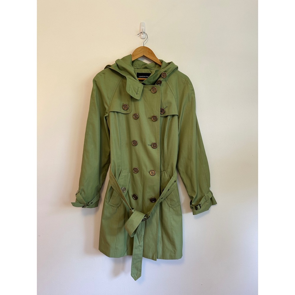 London Fog Green Double Breasted Hooded Belted Trench Coat | Size Medium